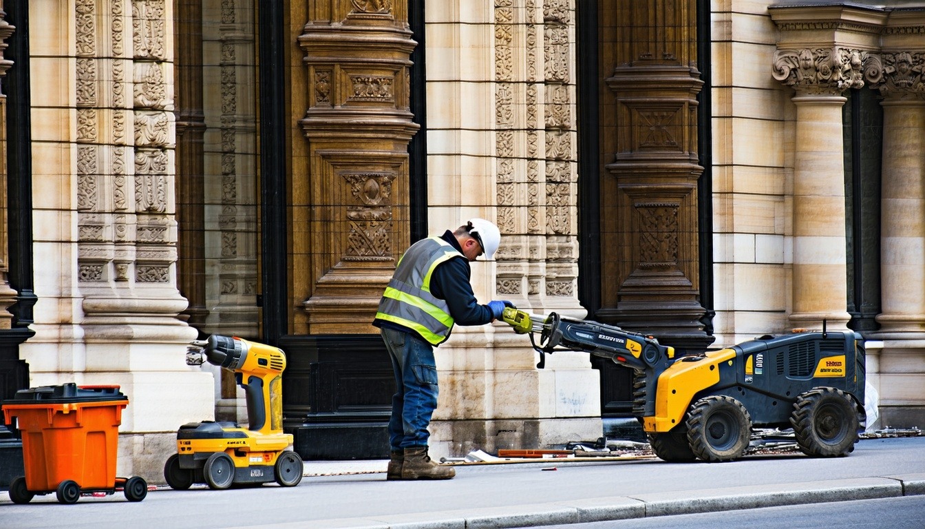 A hyperrealistic scene showing the preservation of architectural heritage in Brussels a skilled craftsman carefully restoring an elegant historical faade with intricate stonework Behind him modern renovation equipment blends with the charm of the old