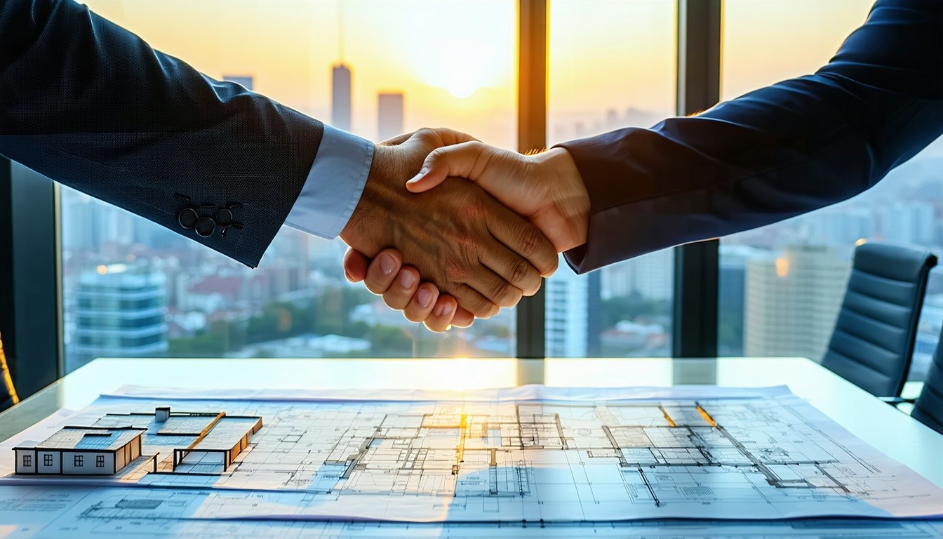 An ultrarealistic corporate scene representing trust and professionalism a sleek modern office with glass walls symbolizing transparency a confident businessperson shaking hands with a client across a polished table The background shows a city skylin