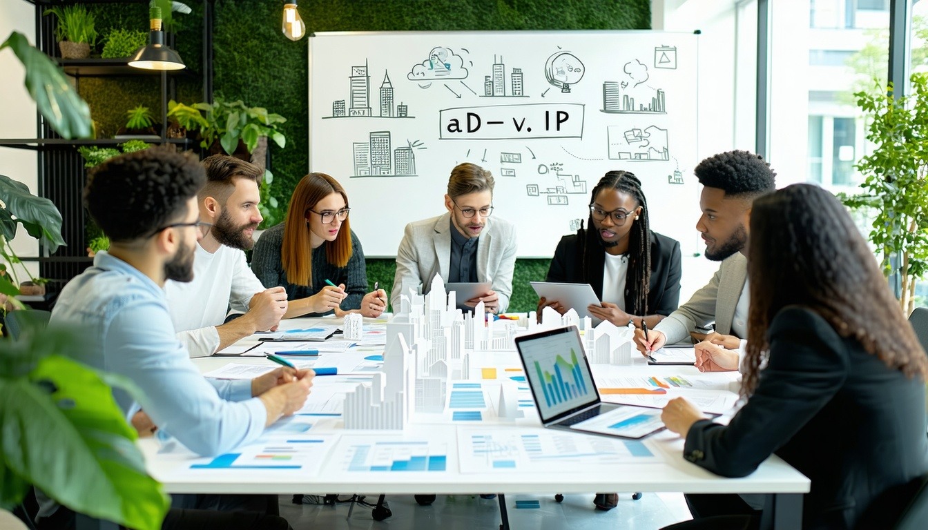 An ultrarealistic image depicting a strategic real estate planning session in a modern ecoconscious office A diverse team of real estate professionals and clients are gathered around a table covered with documents architectural models and tablets The-1