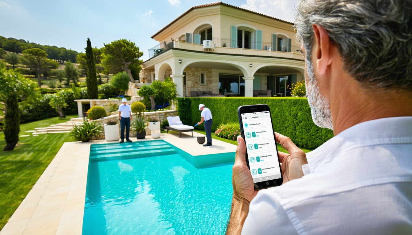 An ultrarealistic image of a luxury villa concierge service a pristine villa with a sparkling pool and lush gardens subtly maintained by discreet staff In the foreground a relaxed homeowner is seen checking updates on a smartphone app showing ongoing