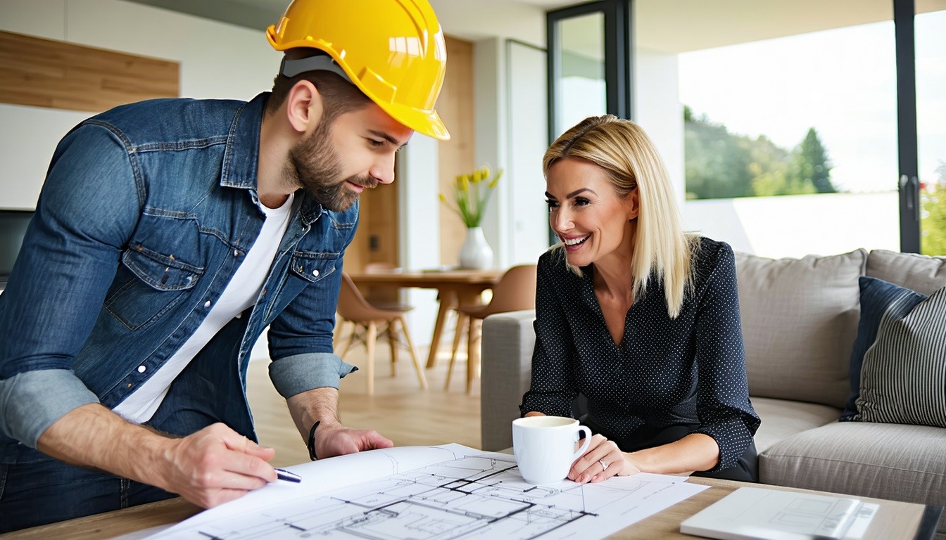 An ultrarealistic image of a renovation scene that conveys trust and craftsmanship a professional contractor warmly discussing renovation plans with a homeowner in a beautifully updated modern living room Subtle details like architectural drawings ma-1