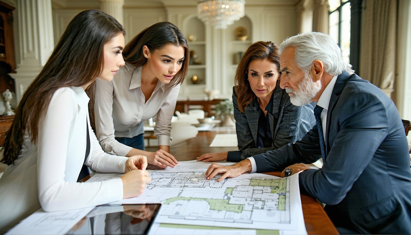 An ultrarealistic image of a warm meeting between real estate experts and a family of property heirs in a tasteful elegant office setting The group is engaged in a thoughtful discussion surrounded by property plans and family estate documents A mix o-1