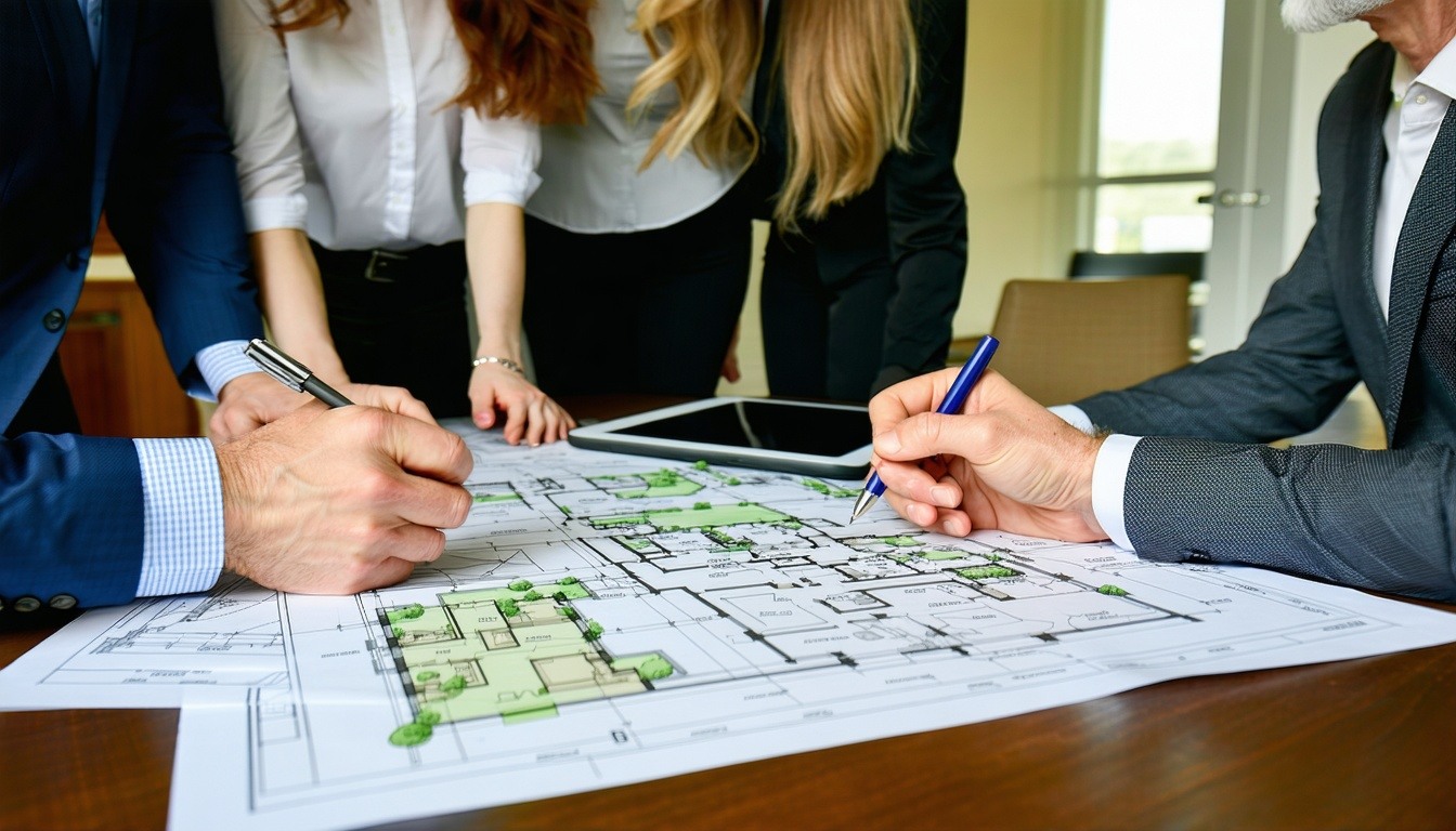 An ultrarealistic image of a warm meeting between real estate experts and a family of property heirs in a tasteful elegant office setting The group is engaged in a thoughtful discussion surrounded by property plans and family estate documents A mix o