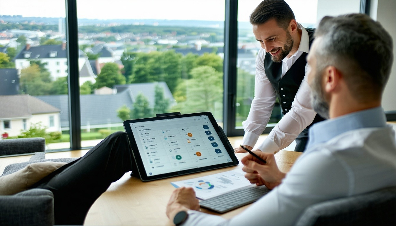 An ultrarealistic image of tailored property management in Brussels a serene homeowner relaxing in a stylish modern apartment while a professional property manager oversees maintenance work in the background A digital tablet on the table shows a chec-1